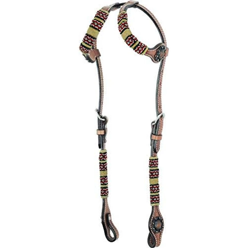 Western Rawhide Red Beads Doube Ear Headstall - Golden Tan 3 Western Rawhide Red Beads Doube Ear Headstall - Golden Tan