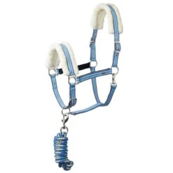 Horze Striped Halter W/Fleece Fur & Matching Lead - Ocean View Blue
